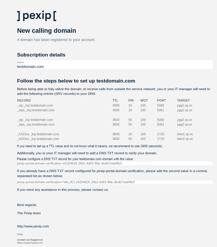 New calling domain email - select the image to enlarge it.
